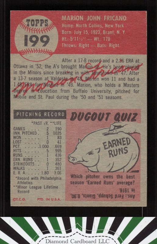 1953 Topps #199 Marion Fricano NM [CENTERTED] g, back