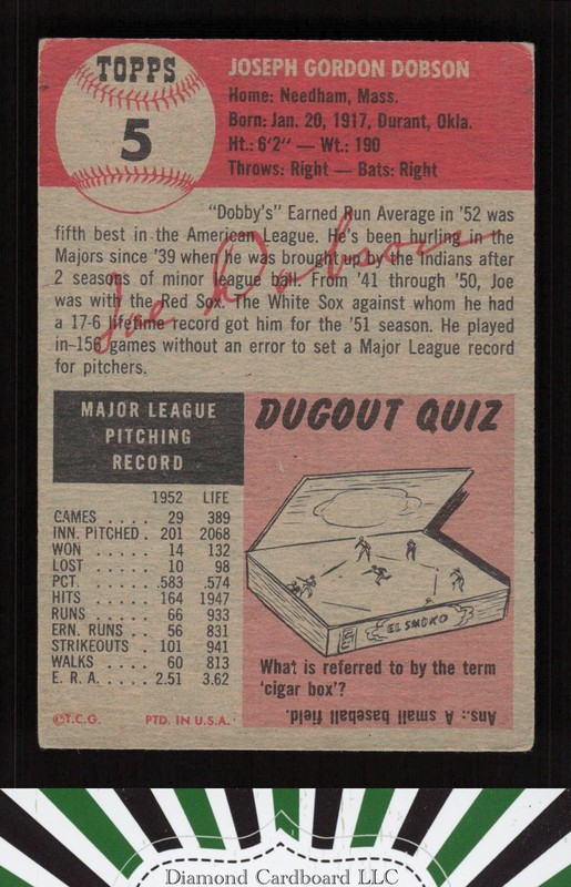 1953 Topps #5 Joe Dobson VG e, back
