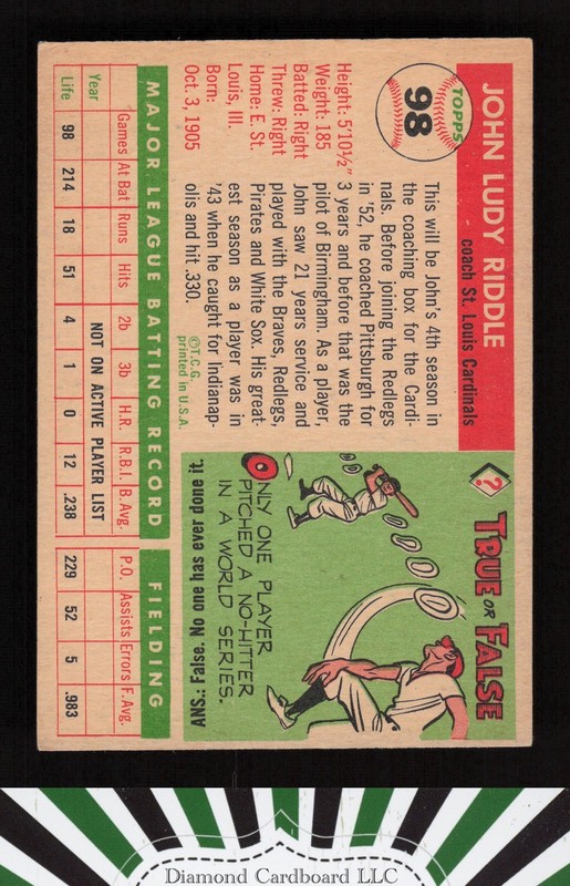 1955 Topps #98 Johnny Riddle VGEX+ k, back