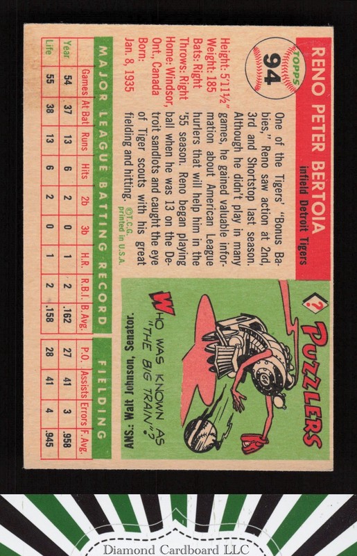 1955 Topps #94 Reno Bertoia EX+ h, back