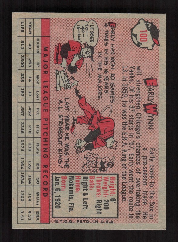 1958 Topps #100 Early Wynn White Letters NM+ [CENTERED] m, back