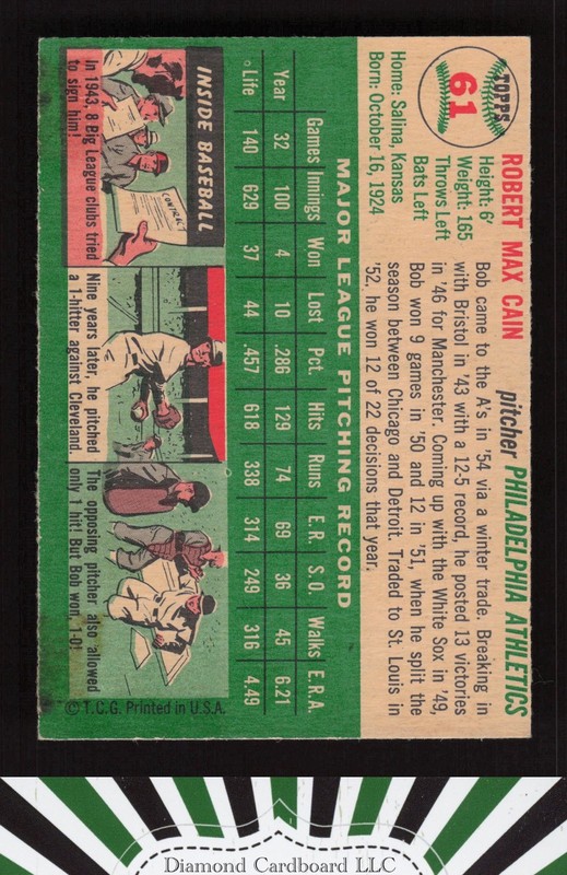 1954 Topps #61 Bob Cain EX n, back