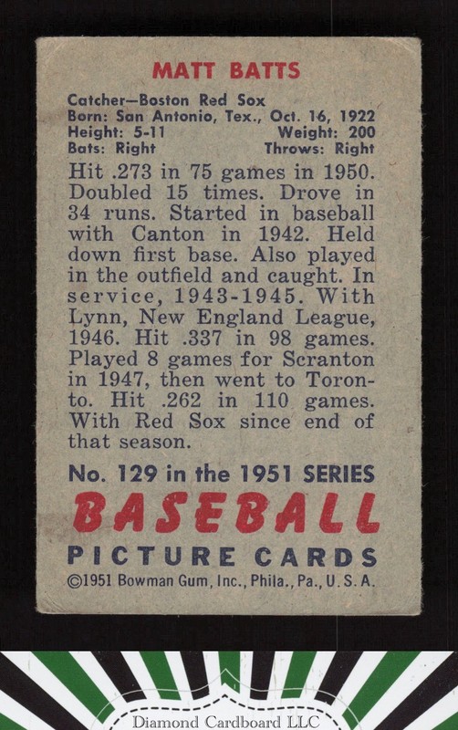 1951 Bowman #129 Matt Batts VG+ [CENTERED], back
