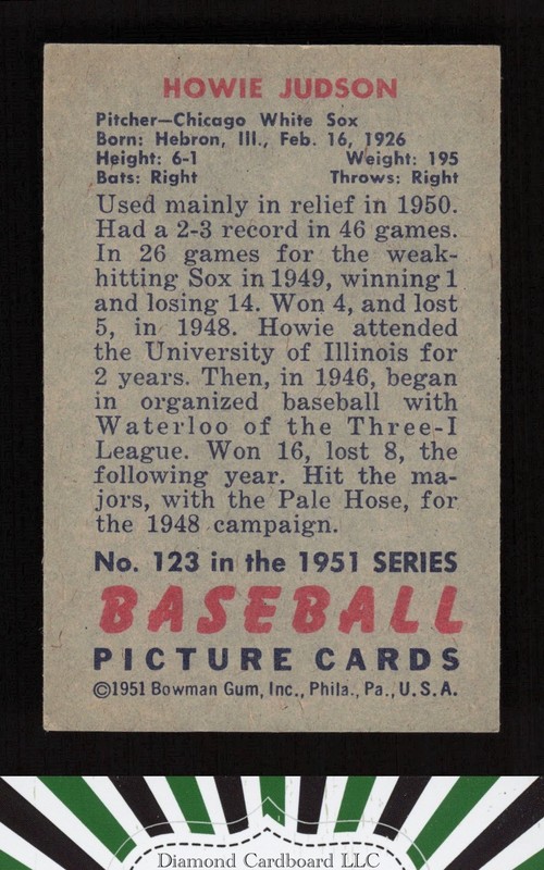 1951 Bowman #123 Howie Judson EX, back