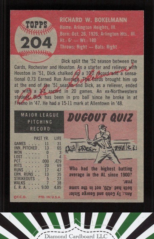 1953 Topps #204 Dick Bokelmann EXMT+ g, back