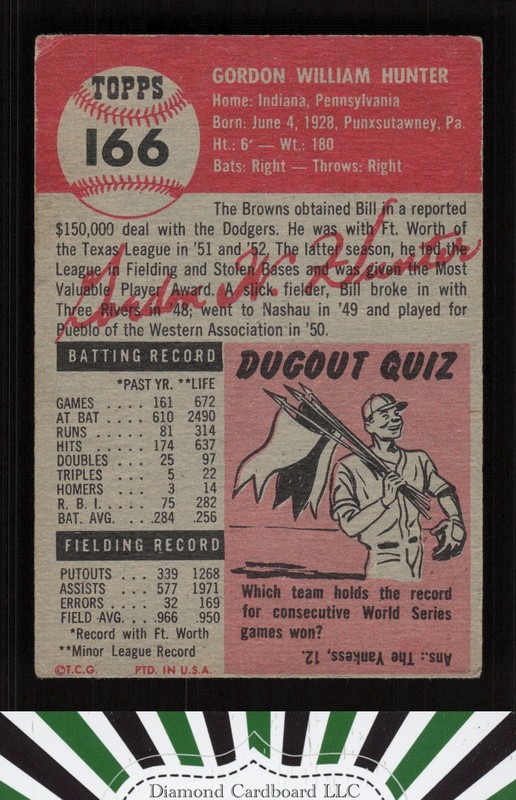 1953 Topps #166 Billy Hunter VG b, back