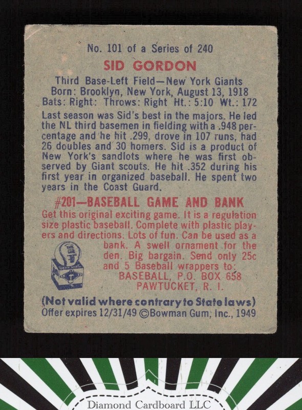 1949 Bowman #101 Sid Gordon GD a, back