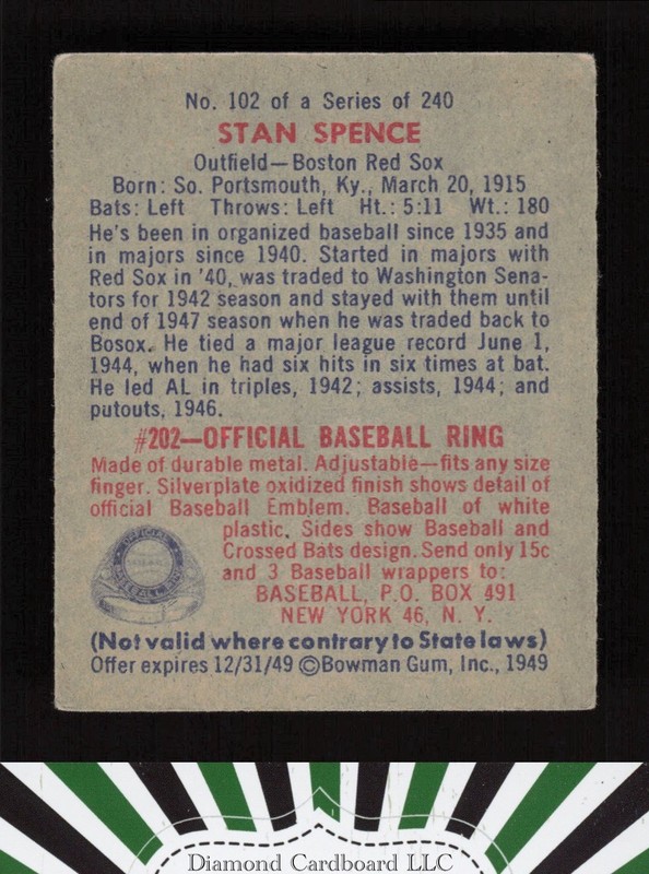 1949 Bowman #102 Stan Spence VGEX [CENTERED] a, back