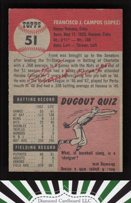 1953 Topps #51 Frank Campos VGEX i, back