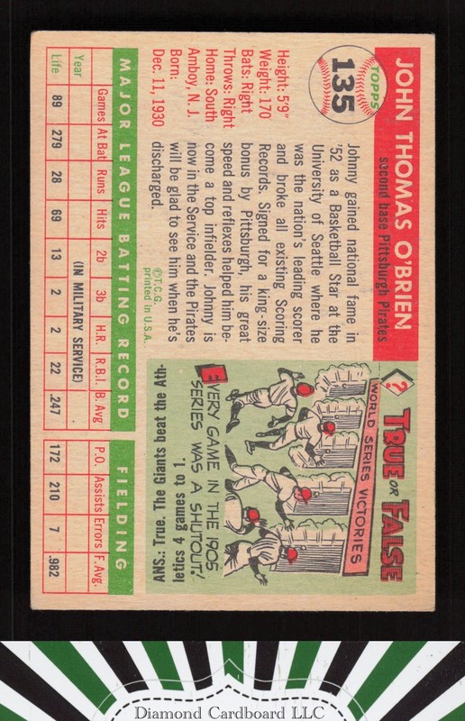 1955 Topps #135 Johnny O'Brien VGEX [CENTERED] k, back