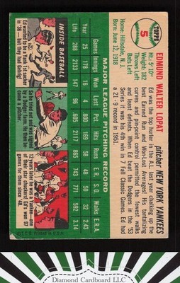 1954 Topps #5 Ed Lopat GD e, back