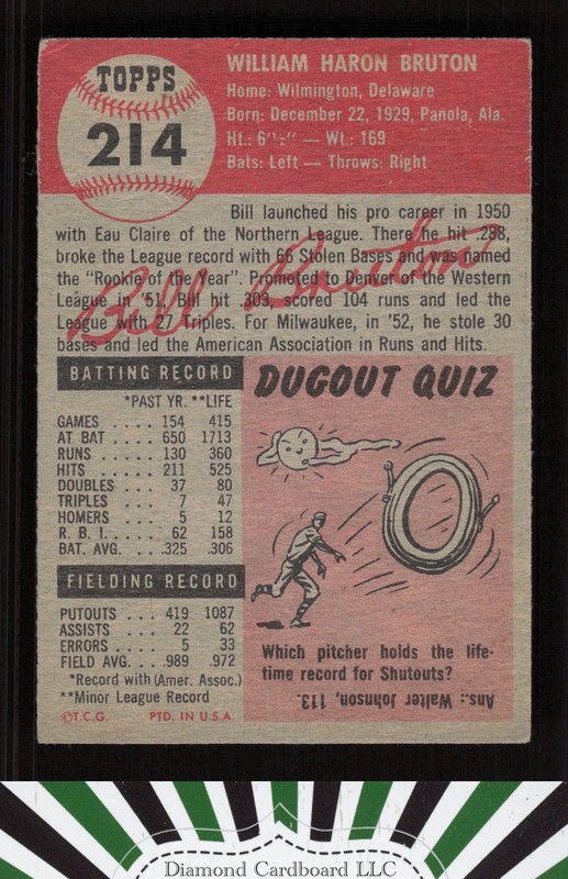 1953 Topps #214 Bill Bruton VG+ e, back