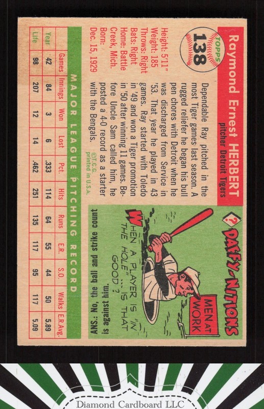 1955 Topps #138 Ray Herbert VG c, back