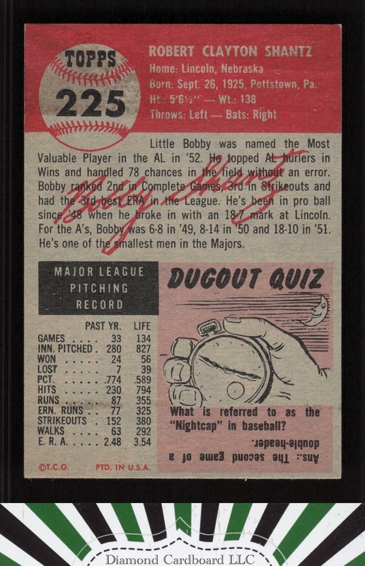 1953 Topps #225 Bobby Shantz EX h, back