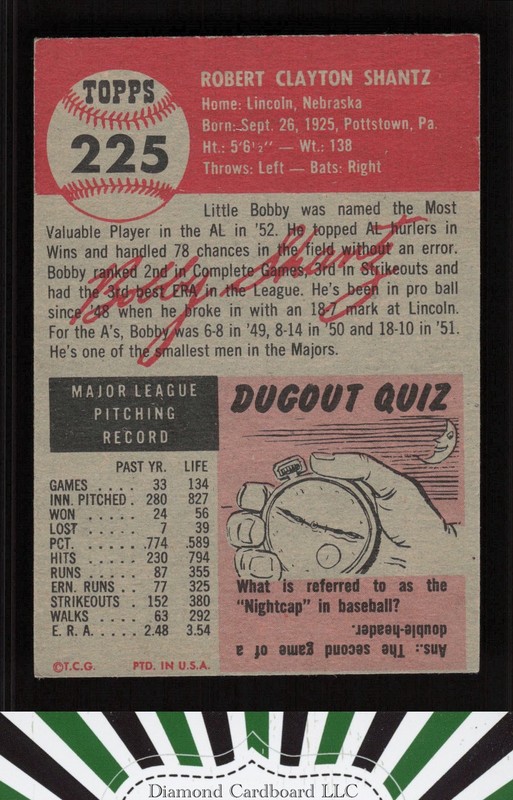 1953 Topps #225 Bobby Shantz VGEX f, back