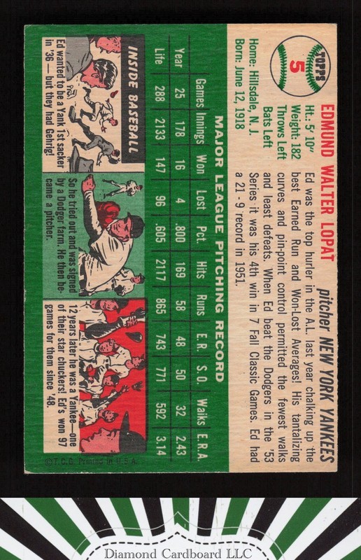 1954 Topps #5 Ed Lopat VGEX+ g, back