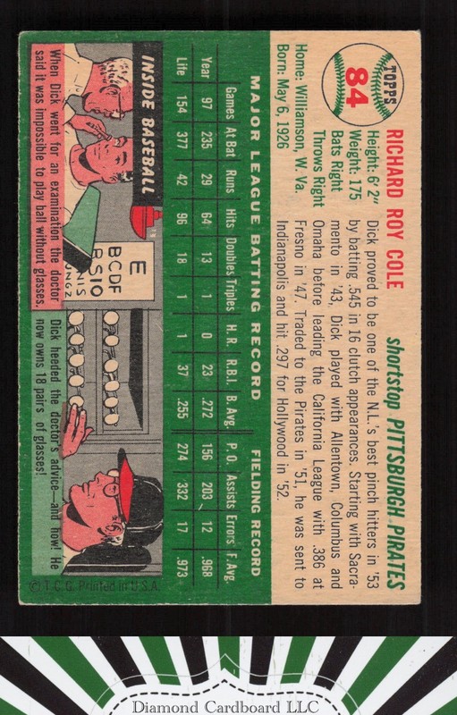 1954 Topps #84 Dick Cole VGEX a, back