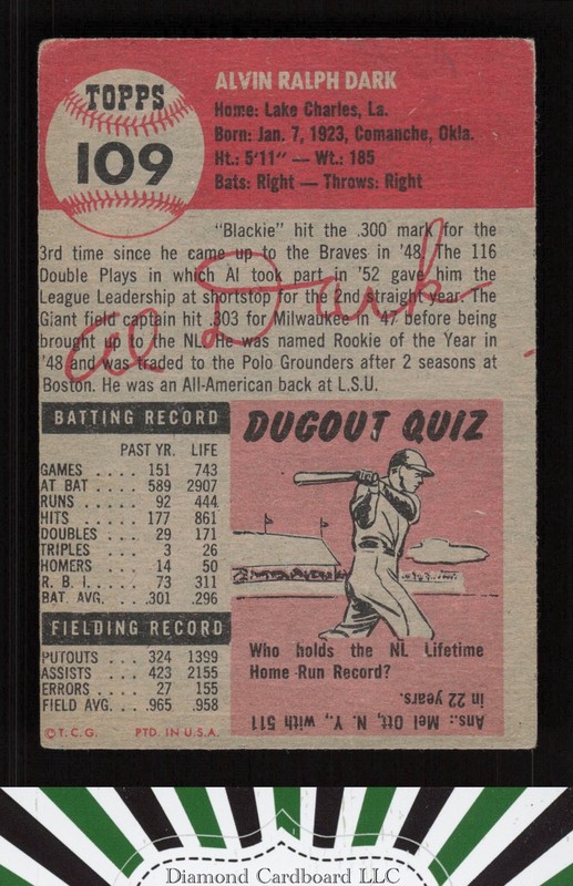 1953 Topps #109 Alvin Dark : Bio uses black text FR d, back