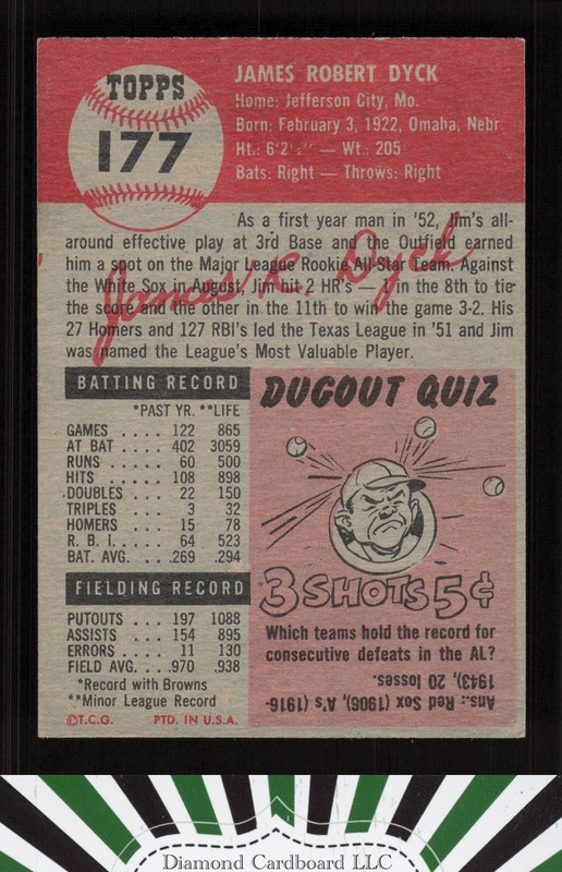 1953 Topps #177 Jim Dyck VGEX+ f, back