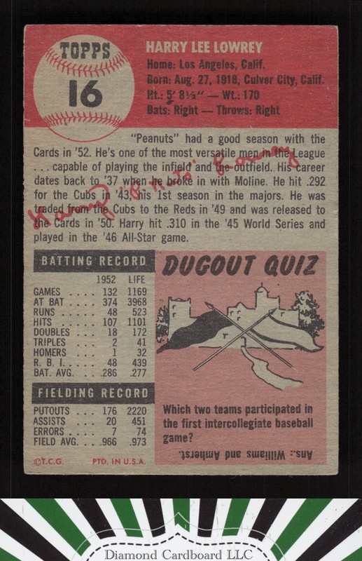 1953 Topps #16 Peanuts Lowrey VGEX i, back