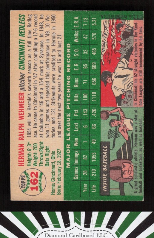 1954 Topps #162 Herman Wehmeier VGEX j, back