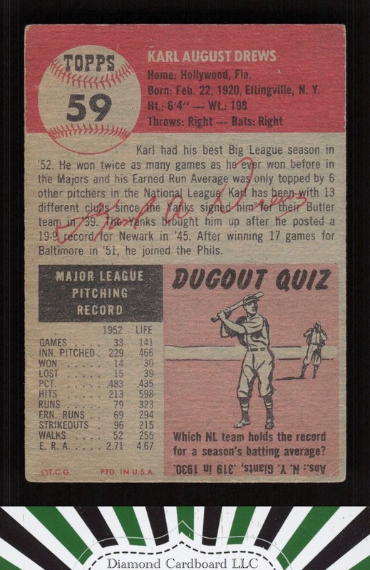 1953 Topps #59 Karl Drews VG d, back