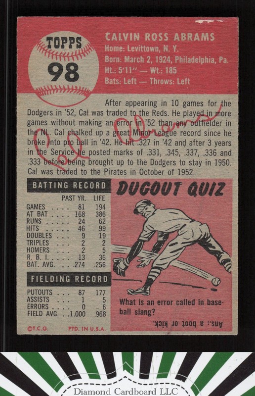 1953 Topps #98 Cal Abrams : Bio uses white text VG e, back