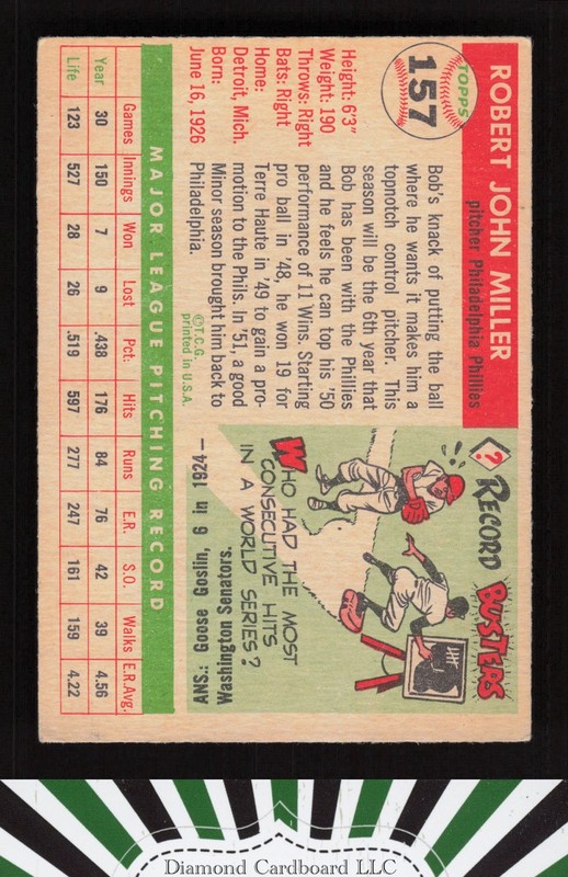 1955 Topps #157 Bob Miller VGEX b, back
