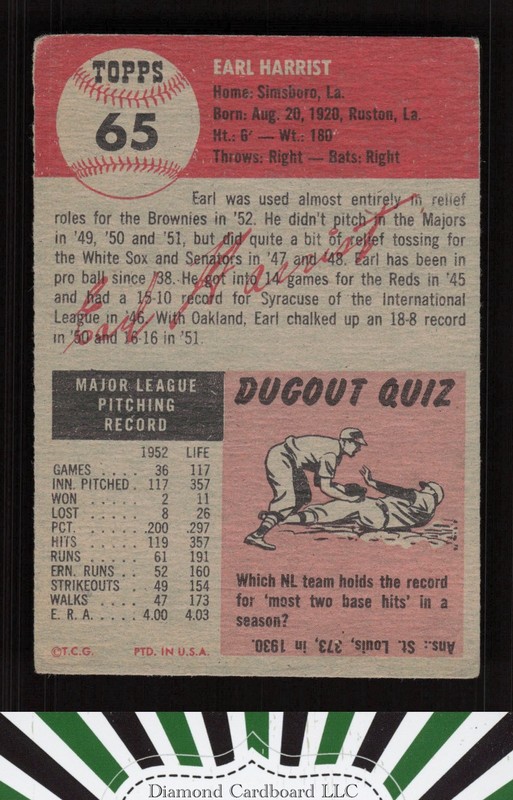 1953 Topps #65 Earl Harrist VG+ c, back
