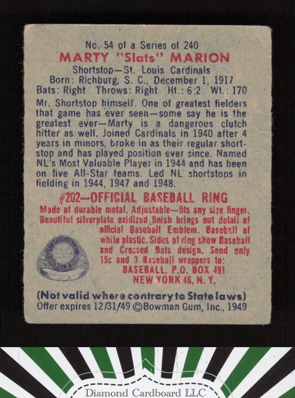1949 Bowman #54 Marty "Slats" Marion FR a, back