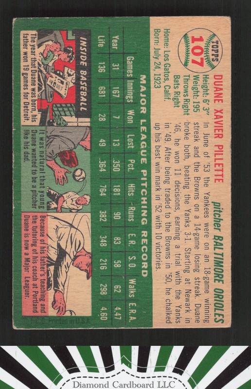1954 Topps #107 Duane Pillette VGEX c, back