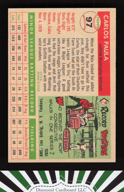 1955 Topps #97 Carlos Paula VGEX c, back