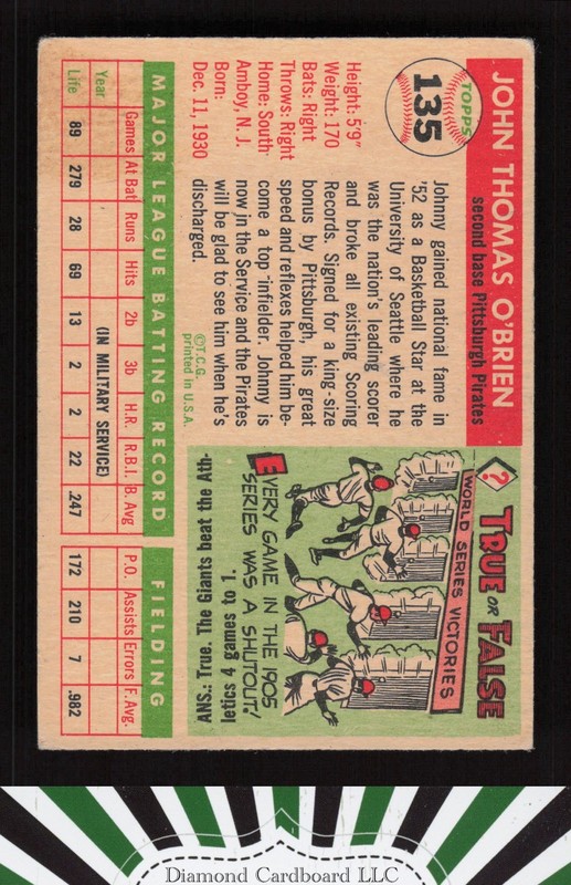 1955 Topps #135 Johnny O'Brien VGEX e, back