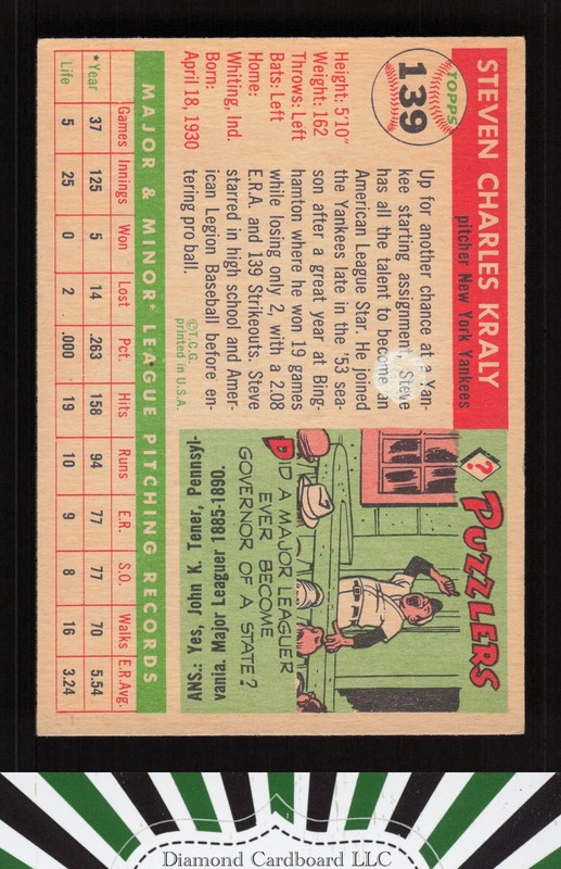1955 Topps #139 Steve Kraly VG+ g, back