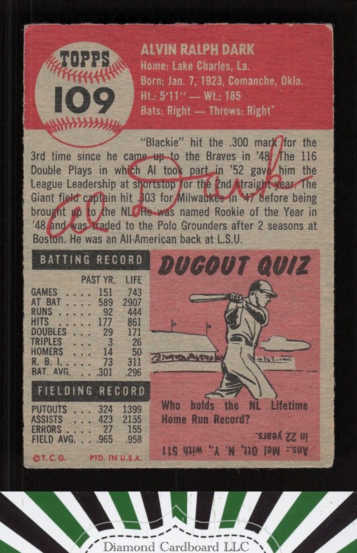 1953 Topps #109 Alvin Dark : Bio uses white text GD a, back
