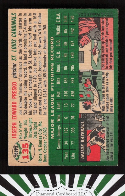 1954 Topps #135 Joe Presko VGEX+ b, back