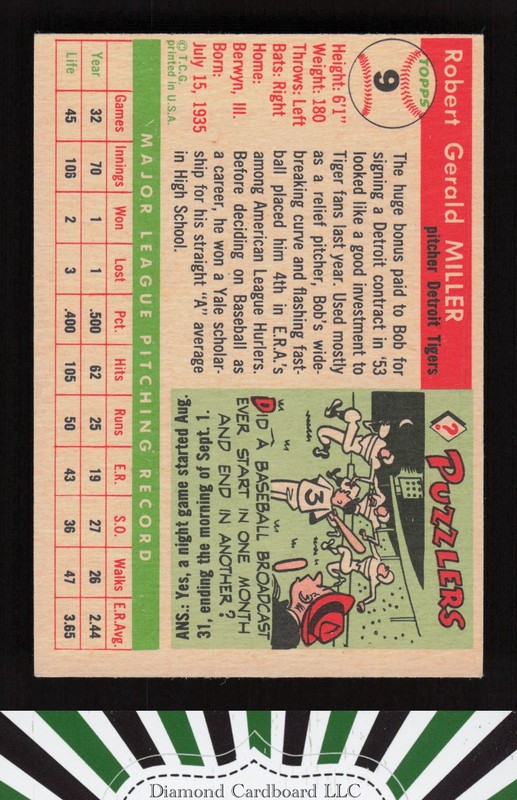 1955 Topps #9 Bob Miller EX a, back