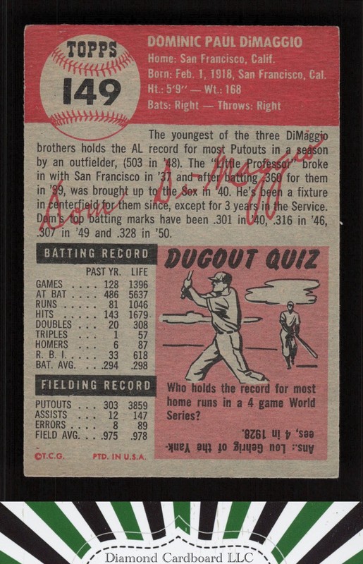 1953 Topps #149 Dom Dimaggio : Bio uses white text VGEX e, back
