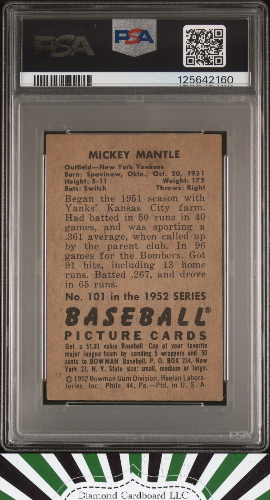 1952 Bowman #101 Mickey Mantle PSA 3 [NO CREASES], back