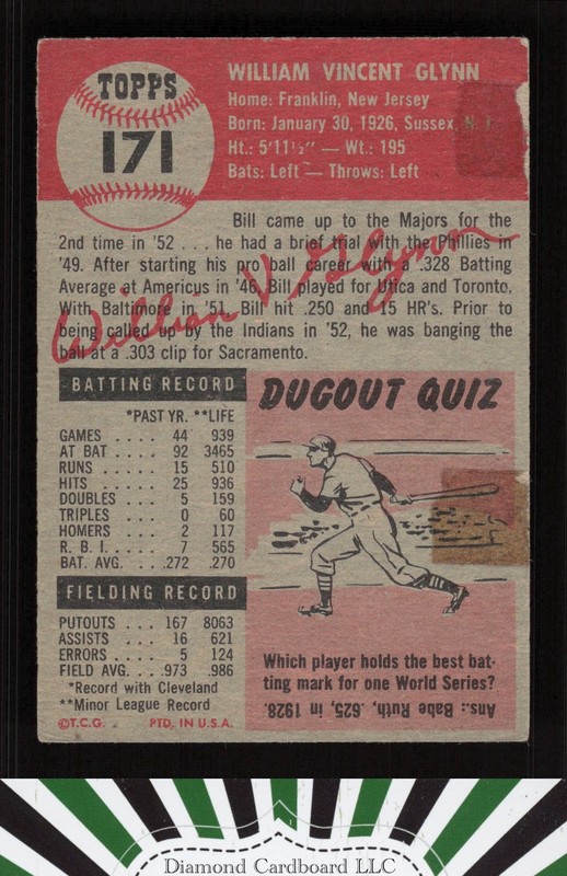1953 Topps #171 Bill Glynn PR g, back