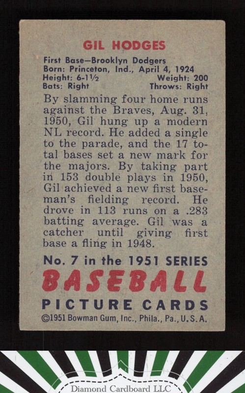 1951 Bowman #7 Gil Hodges VGEX, back