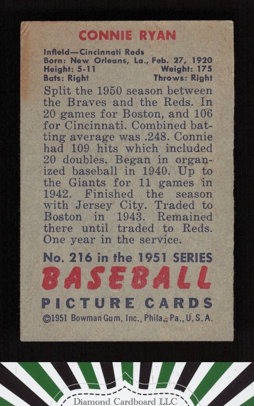 1951 Bowman #216 Connie Ryan VG, back