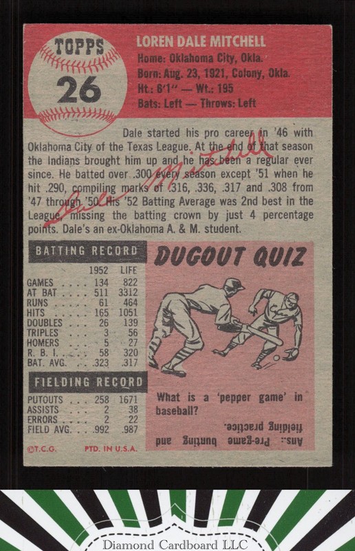 1953 Topps #26 Dale Mitchell VG+ [HIGH EYE APPEAL] c, back