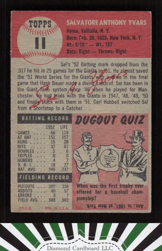1953 Topps #11 Sal Yvars VGEX [CENTERED] i, back