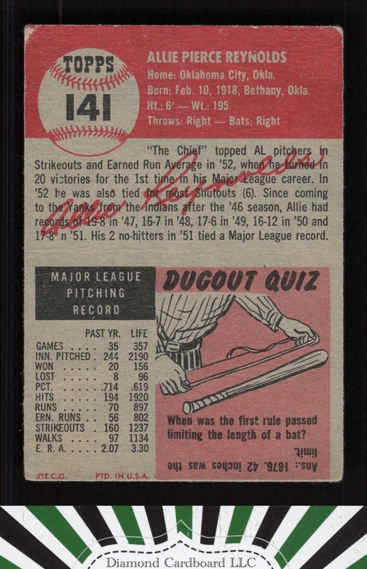 1953 Topps #141 Allie Reynolds : Bio uses white text FR e, back