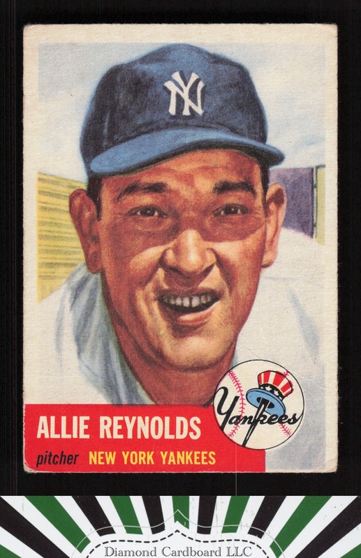 1953 Topps #141 Allie Reynolds : Bio uses white text FR e, front