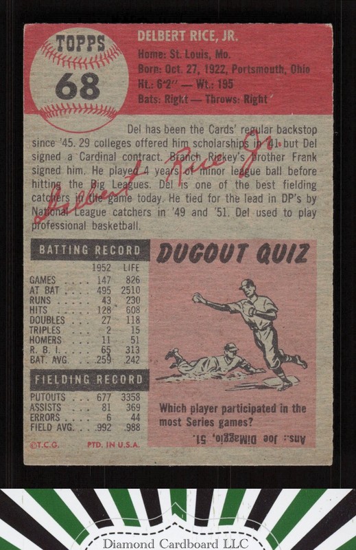 1953 Topps #68 Del Rice VGEX b, back