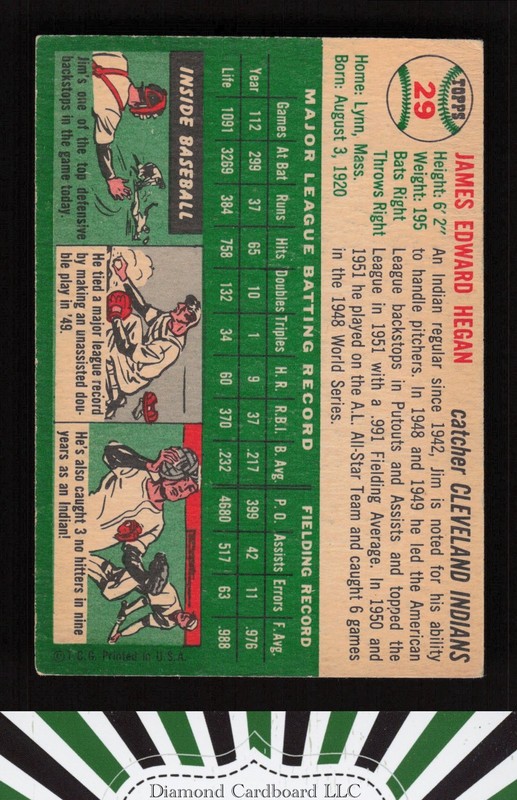 1954 Topps #29 Jim Hegan VGEX b, back