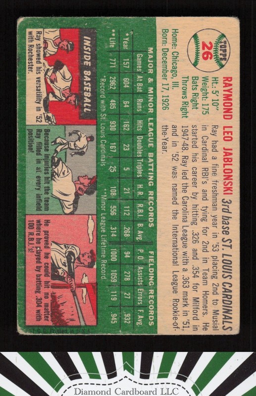 1954 Topps #26 Ray Jablonski GD e, back