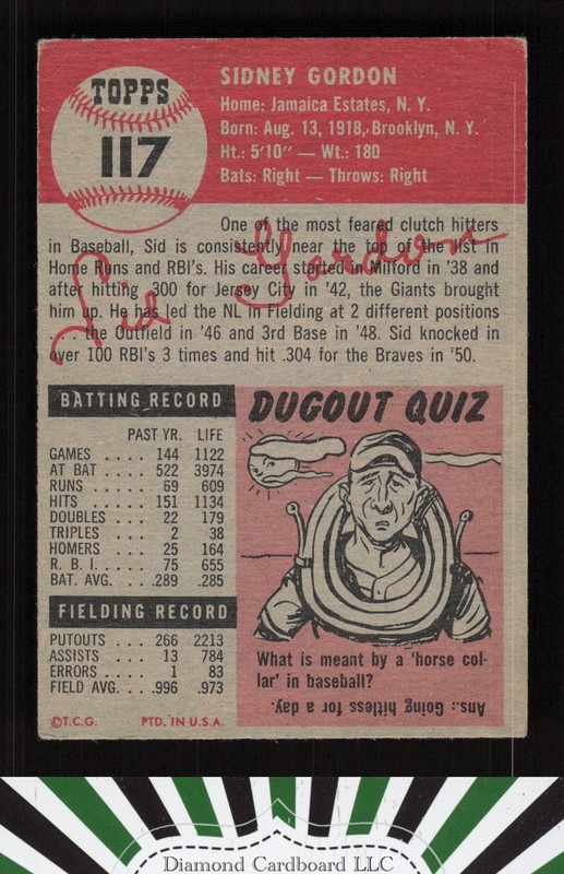 1953 Topps #117 Sid Gordon : Bio uses white text VG+ g, back
